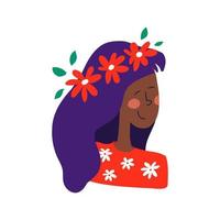 Zeichentrickfigur der afroamerikanischen Frau. weibliches glückliches Frauenporträt. Vektorzeichnung auf weißem Hintergrund