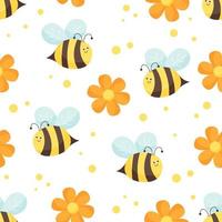 Nahtloses Muster mit fliegenden Bienen und Blumen auf weißem Hintergrund. illustration für hintergrund, druck und textil. flacher Vektorstil.