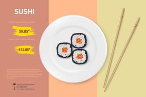 vektor realistisk sushi på en vit porslinstallrik med bambu pinnar. sushi set reklamaffisch illustration. utsikt från ovan