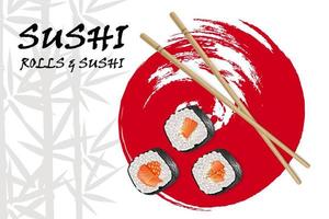 vektor realistisk bild av sushi med bambu pinnar på bakgrunden av bambu och röd cirkel penseldrag. restaurang sushi meny bakgrund. sushi reklam