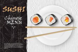 vektorrealistisches bild von sushi auf einem weißen teller mit bambusstöcken. Restaurant-Sushi-Menü-Hintergrund. Sushi-Werbung vektor