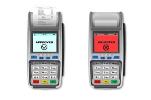 Vektor realistischer schwarzer 3D-Zahlungsautomat, Quittung. pos-terminal-set isoliert. genehmigte, abgelehnte Zahlung. Designvorlage für Bankzahlungsterminals, Mockup. Verarbeitung von NFC-Zahlungsgeräten.