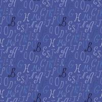 sömlösa mönster med blå, vita och svarta bokstäver i det engelska alfabetet på mörkblå bakgrund för tyg, textil, kläder, filt och andra saker. vektor bild.