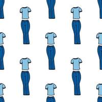 Nahtloses Muster mit dunkelblauen Jeans und einem blauen T-Shirt auf weißem Hintergrund. Vektorbild. vektor
