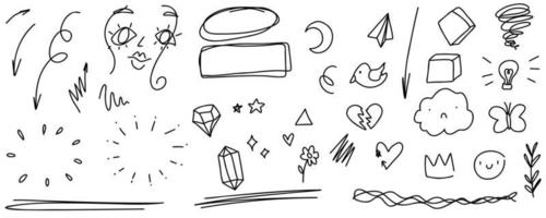 baby doodles ramar, pilar, ansikte, stjärnor, hjärta, kristaller. skiss set söt klottrar isolerade linje samling. vektor