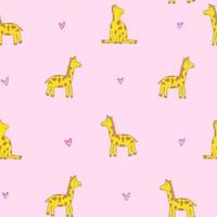 söt doodle linje söt giraff med hjärtan rosa mönster sömlös för barn. vektor