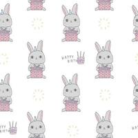 söt tecknad husdjur, kanin vitt mönster. grattis på födelsedagen kanin text. djur doodle illustration med present till baby. vektor