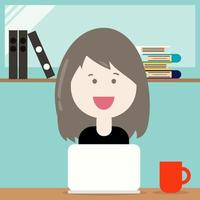 Das süße Frauencharakter-Cartoon-Vektordesign einer Frau oder eines Mädchens hat ein langes Haar, das im Arbeitsbereich arbeitet, Bücher, einen Laptop und eine rote Tasse heißen Kaffee auf dem Tisch. vektor