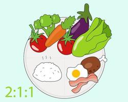 Modellkonzept für gesunde Platten. brauner Reis, Fleisch, Gemüse und Obst. für dein Essen. vektor