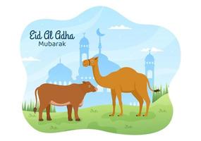eid al adha hintergrundkarikaturillustration für die feier des muslims mit dem schlachten eines tiers als kuh, ziege oder kamel und teilen sie es vektor
