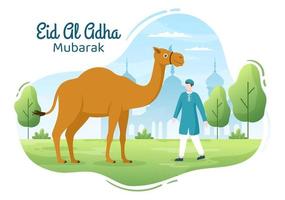 eid al adha bakgrund tecknad illustration för firandet av muslim med slakt av ett djur som en ko, get eller kamel och dela det vektor