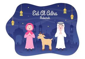 eid al adha bakgrund tecknad illustration för firandet av muslim med slakt av ett djur som en ko, get eller kamel och dela det vektor