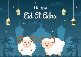 eid al adha bakgrund tecknad illustration för firandet av muslim med slakt av ett djur som en ko, get eller kamel och dela det vektor