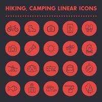 vandring, camping, utomhuslinjeikoner, stövel, ficklampa, tält, karta, kajak, skog, fiske, husbil vektor