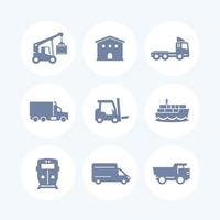 Transport, Logistiksymbole über Weiß, Lager, Frachtzug, Schiff, LKW, Lader, Lieferwagen, Seetransport, Vektorillustration