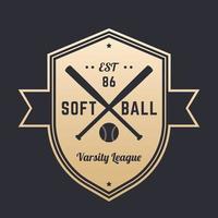 softball vintage logo, abzeichen, emblemdesign mit gekreuzten fledermäusen, gold auf dunkel, vektorillustration vektor