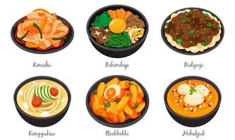 koreanisches essen menü isoliert auf weißem hintergrund illustration vektor. Kimchi, Bibimbap, Bulgogi, Kongguksu, Tteokbokki und Hobakjuk