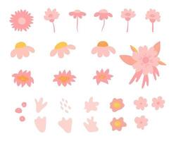 blomma samling. vektor rosa blommor. vårkonsttryck med botaniska inslag. glad påsk. folklig stil. affischer för vårlovet. ikoner isolerad på vit bakgrund.