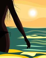 Illustration, Silhouette einer Frau in einem Bikini vor dem Hintergrund einer Meereslandschaft und eines Sonnenuntergangs. postkarte, clipart, plakat vektor