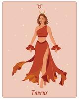 astrologisches Sternzeichen Stier, eine wunderschöne magische Frau mit einer Krone auf einem sanften Hintergrund mit Sternen. Poster, ClipArt, Tarot vektor