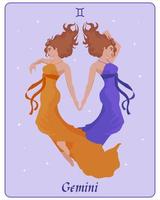 astrologisches Sternzeichen Zwillinge, zwei schöne magische Frauen in bunten Kleidern auf einem sanften Hintergrund mit Sternen. Poster, Clip, Tarot