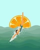 Nautische Illustration, ein Mädchen taucht vor dem Hintergrund der Sonne in Form einer Orangenscheibe ins Meer. aktives erholungskonzept. Poster, Banner, ClipArt vektor