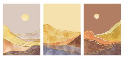 bergslinjekonsttryck med akvarellpensel och guldlinjestruktur. tapetdesign för omslagsbakgrund. abstrakta samtida estetiska bakgrunder landskap. vektor illustrationer