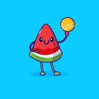 söt tecknad vattenmelon spelar basket vektor