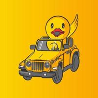 gelbe Ente, die ein gelbes Auto reitet vektor