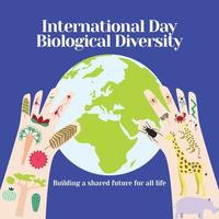internationella dagen för illustration av biologisk mångfald. lämplig för banner, affisch, gratulationskort, mugg, skjorta, mall och tryckt reklam. illustration av en jord, hand och många djur. vektor