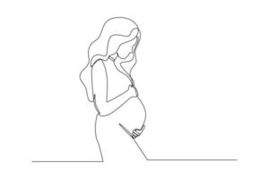 enda en rad ritning ung vacker gravid kvinna som står med stor mage. världens befolkningsdag. kontinuerlig linje rita design grafisk vektorillustration. vektor