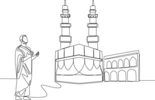 kontinuerlig en rad teckning en muslim med sin ihram-klänning ber till gud med händerna upphöjda framför kaba. hajj och umrah koncept. enkel rad rita design vektorgrafisk illustration. vektor
