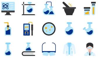 Reihe von Vektorsymbolen im Zusammenhang mit dem Chemielabor. Enthält Symbole wie Reagenzglas, Chemie, Urinprobe, pH-Meter, Kolben, Laborkittel und mehr.