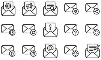 Satz von Vektorsymbolen im Zusammenhang mit E-Mail. Enthält Symbole wie E-Mail öffnen, Optionen, Suchen, E-Mail senden, Spam, Hochladen und mehr. vektor