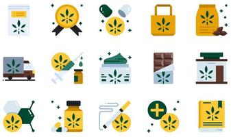 Satz von Vektorsymbolen im Zusammenhang mit Cannabis. enthält symbole wie pillen, cbd-creme, schokoriegel, geschäft, drogen, marihuana und mehr. vektor