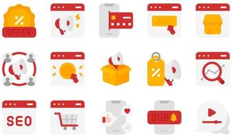 uppsättning vektor ikoner relaterade till marknadsföring online. innehåller sådana ikoner som onlinemarknadsföring, onlinebetalning, onlineshopping, onlinebutik, utgående marknadsföring, seo och mer.