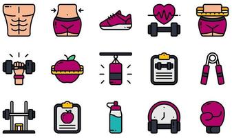 Reihe von Vektorsymbolen im Zusammenhang mit Fitness. enthält Symbole wie Sixpack, Taille, Taille, Hantel, Boxsack, Boxsack und mehr.
