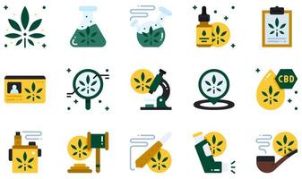 Reihe von Vektorsymbolen im Zusammenhang mit Cannabis. enthält Symbole wie Cannabis, Bong, Cannabisöl, CBD-Öl, Vape, Inhalator und mehr. vektor