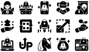 Reihe von Vektorsymbolen im Zusammenhang mit Startups. enthält Symbole wie Investor, Start, Partnerschaft, Pitching, Rakete, Startup und mehr. vektor