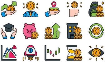 Reihe von Vektorsymbolen im Zusammenhang mit Investitionen. Enthält solche Symbole wie Investition, Investor, Geld, Sparschwein, Immobilien, Aktien und mehr. vektor