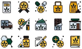 Satz von Vektorsymbolen im Zusammenhang mit Cannabis. enthält symbole wie pillen, cbd-creme, schokoriegel, geschäft, drogen, marihuana und mehr. vektor