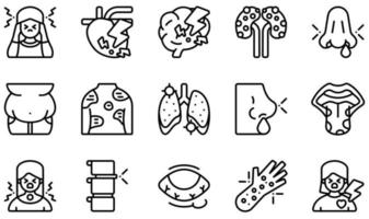 Reihe von Vektorsymbolen im Zusammenhang mit Krankheiten. enthält Symbole wie Magenreflux, Glossitis, Kopfschmerzen, Herzkrankheiten, Fettleibigkeit, Hordeolum und mehr.