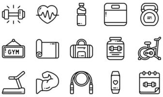 Reihe von Vektorsymbolen im Zusammenhang mit Fitness. enthält Symbole wie Hantel, Herzschlag, Kettlebell, Yogamatte, Radfahren, Springseil und mehr. vektor