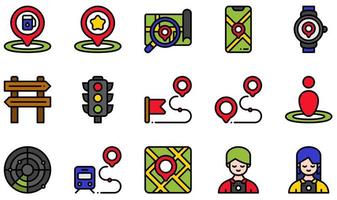 satz von vektorsymbolen im zusammenhang mit karten und navigation. Enthält Symbole wie Bewertung, Suche, Telefon, Uhr, Route, Tourist und mehr.