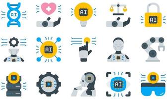 Reihe von Vektorsymbolen im Zusammenhang mit künstlicher Intelligenz. enthält Symbole wie Gesundheitswesen, Idee, Recht, maschinelles Lernen, Roboter, Roboterarm und mehr. vektor