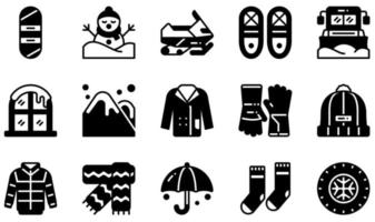 uppsättning vektor ikoner relaterade till vintern. innehåller sådana ikoner som snowboard, snöskor, lastbil, vinter, vinterhandskar, vinterscarf och mer.