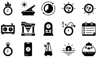 Reihe von Vektorsymbolen im Zusammenhang mit der Zeit. enthält Symbole wie Termin, Sonnenuhr, Zeitraffer, Schachuhr, Wasseruhr, Pendeluhr und mehr. vektor