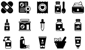 Reihe von Vektorsymbolen im Zusammenhang mit der Apotheke. Enthält Symbole wie Pflaster, Husten, Creme, Drogerie, Fischöl, Inhalator und mehr. vektor