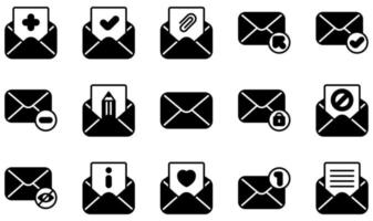Satz von Vektorsymbolen im Zusammenhang mit E-Mail. enthält Symbole wie Hinzufügen, Genehmigt, Arroba, Klicken, Abgeschlossen, Löschen und mehr. vektor