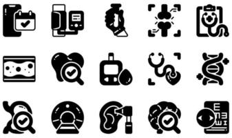 uppsättning vektor ikoner relaterade till hälsokontroll. innehåller sådana ikoner som möte, blodtryck, blodprov, kontroll, hjärtkontroll, synundersökning och mer.